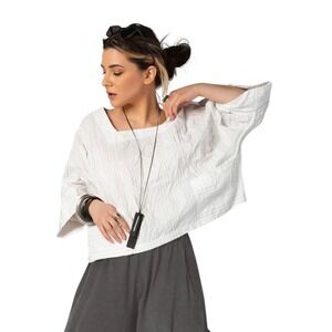 Gershon Bram Shirt Womens Oversized White Crinkle Striped‎ Tunic Pockets M